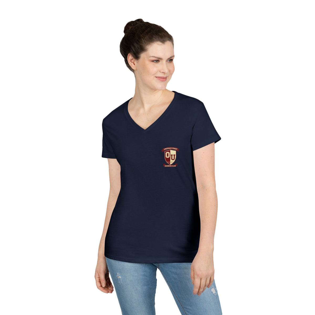 Women’s V-Neck Tee — Retro Seaside Surf Club Graphic (Chest Logo + Back Artwork)