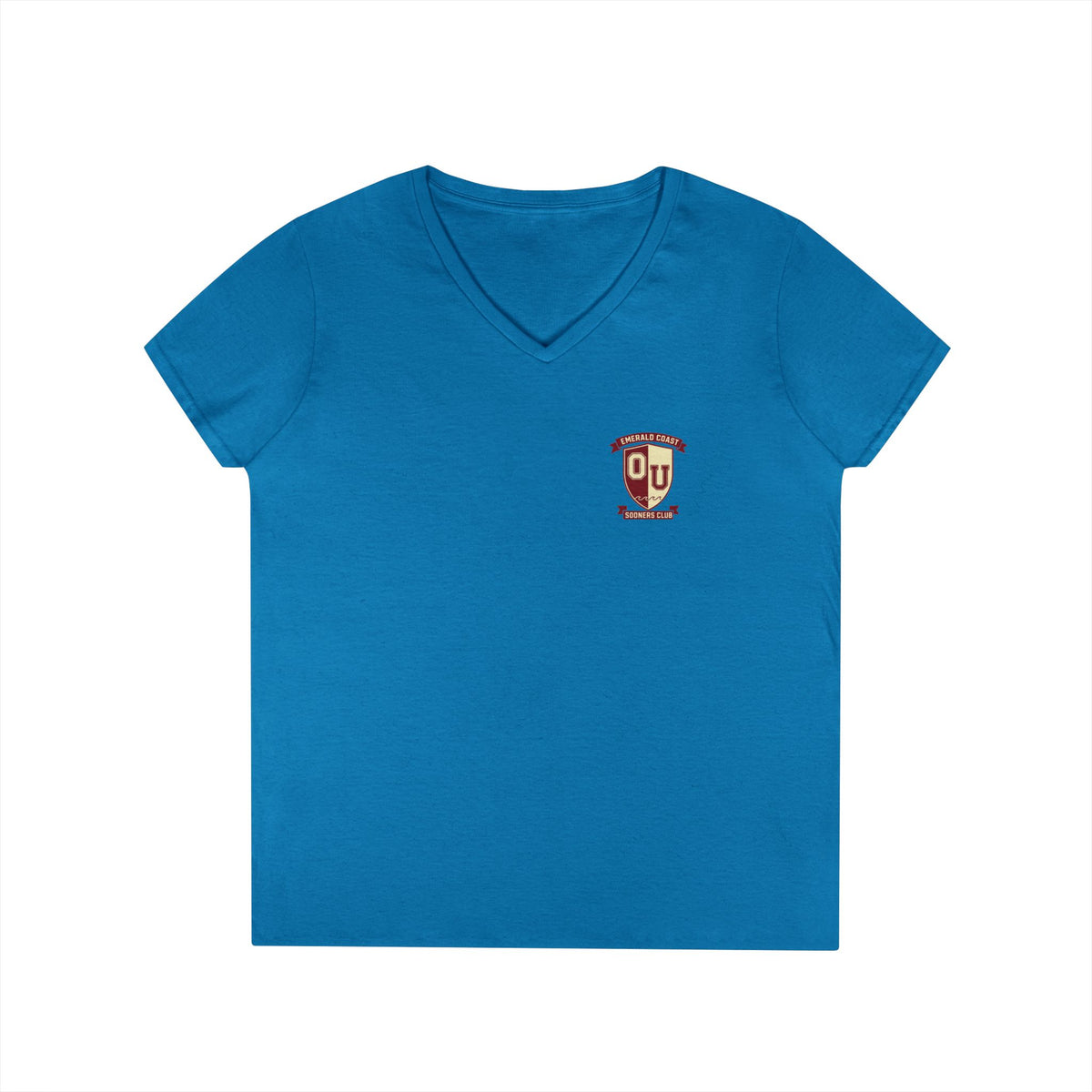 Women’s V-Neck Tee — Retro Seaside Surf Club Graphic (Chest Logo + Back Artwork)