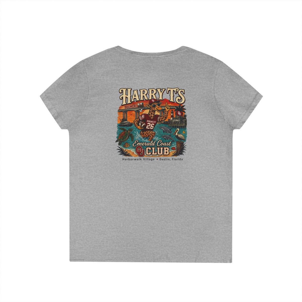 Women’s V-Neck Tee — Retro Seaside Surf Club Graphic (Chest Logo + Back Artwork)