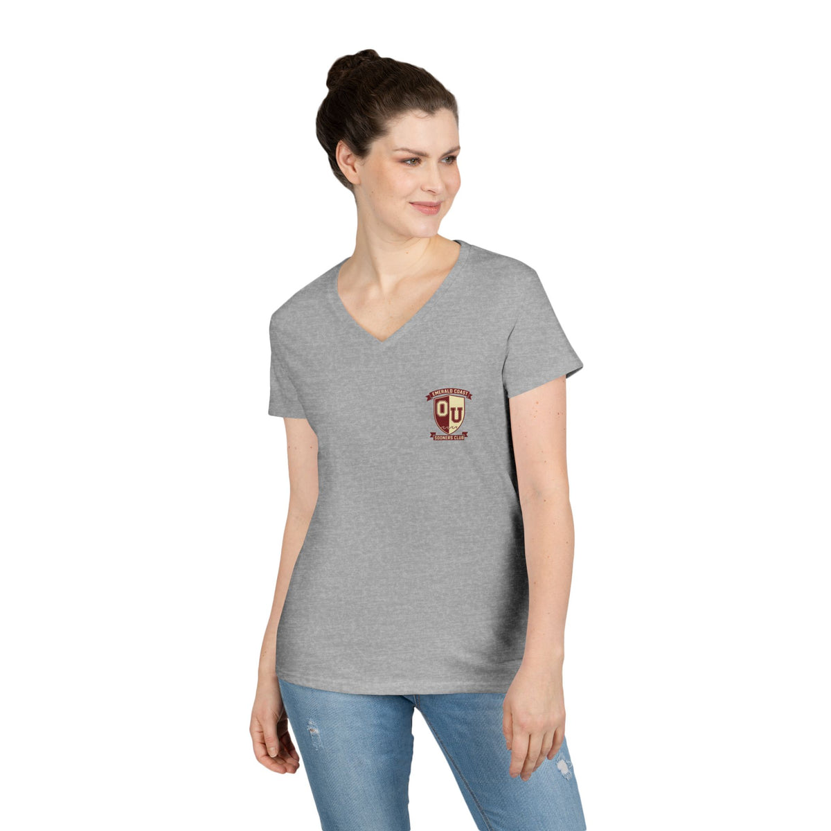 Women’s V-Neck Tee — Retro Seaside Surf Club Graphic (Chest Logo + Back Artwork)
