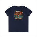 Women’s V-Neck Tee — Retro Seaside Surf Club Graphic (Chest Logo + Back Artwork)
