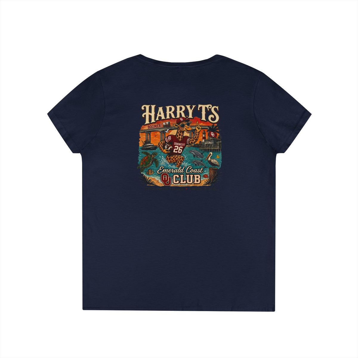 Women’s V-Neck Tee — Retro Seaside Surf Club Graphic (Chest Logo + Back Artwork)