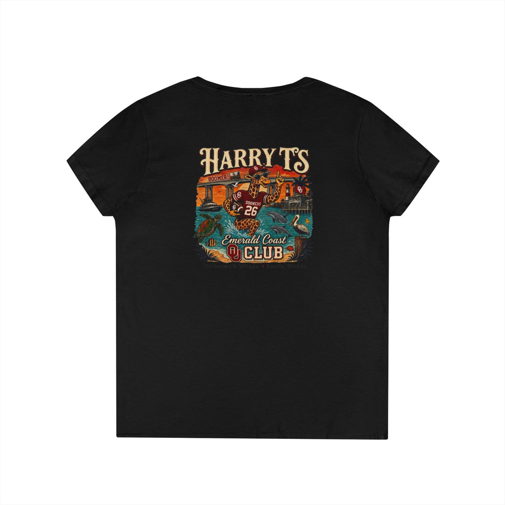Women’s V-Neck Tee — Retro Seaside Surf Club Graphic (Chest Logo + Back Artwork)