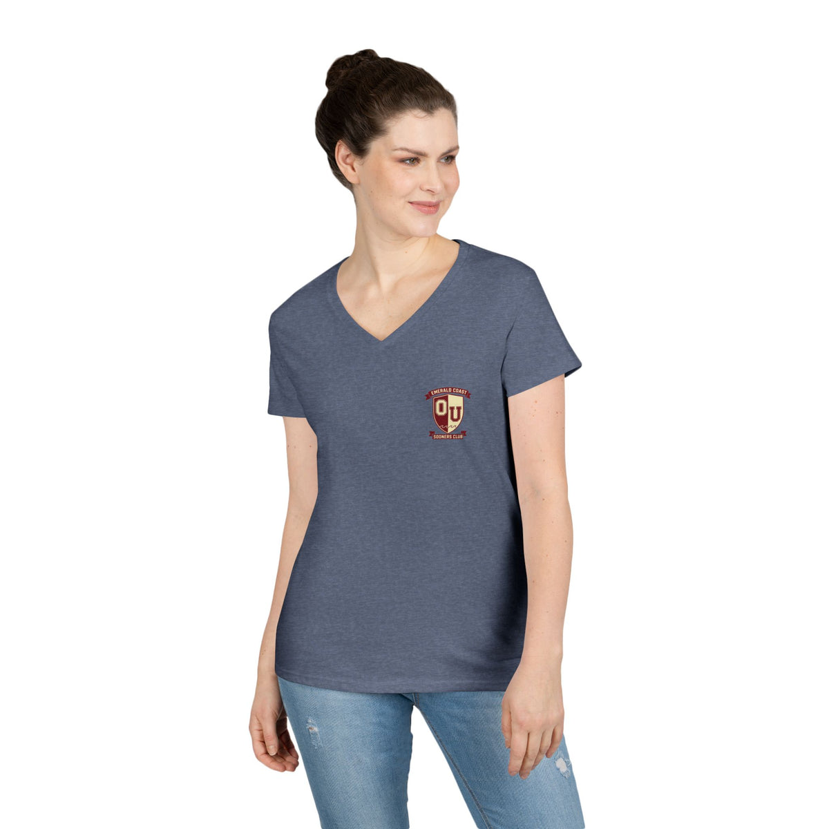 Women’s V-Neck Tee — Retro Seaside Surf Club Graphic (Chest Logo + Back Artwork)