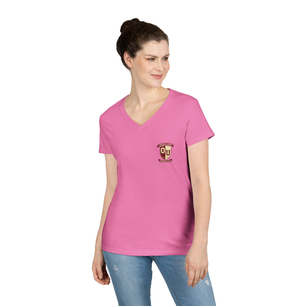 Women’s V-Neck Tee — Retro Seaside Surf Club Graphic (Chest Logo + Back Artwork)