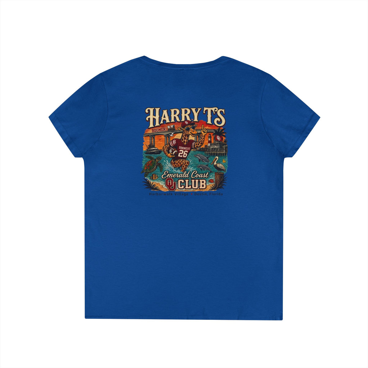 Women’s V-Neck Tee — Retro Seaside Surf Club Graphic (Chest Logo + Back Artwork)