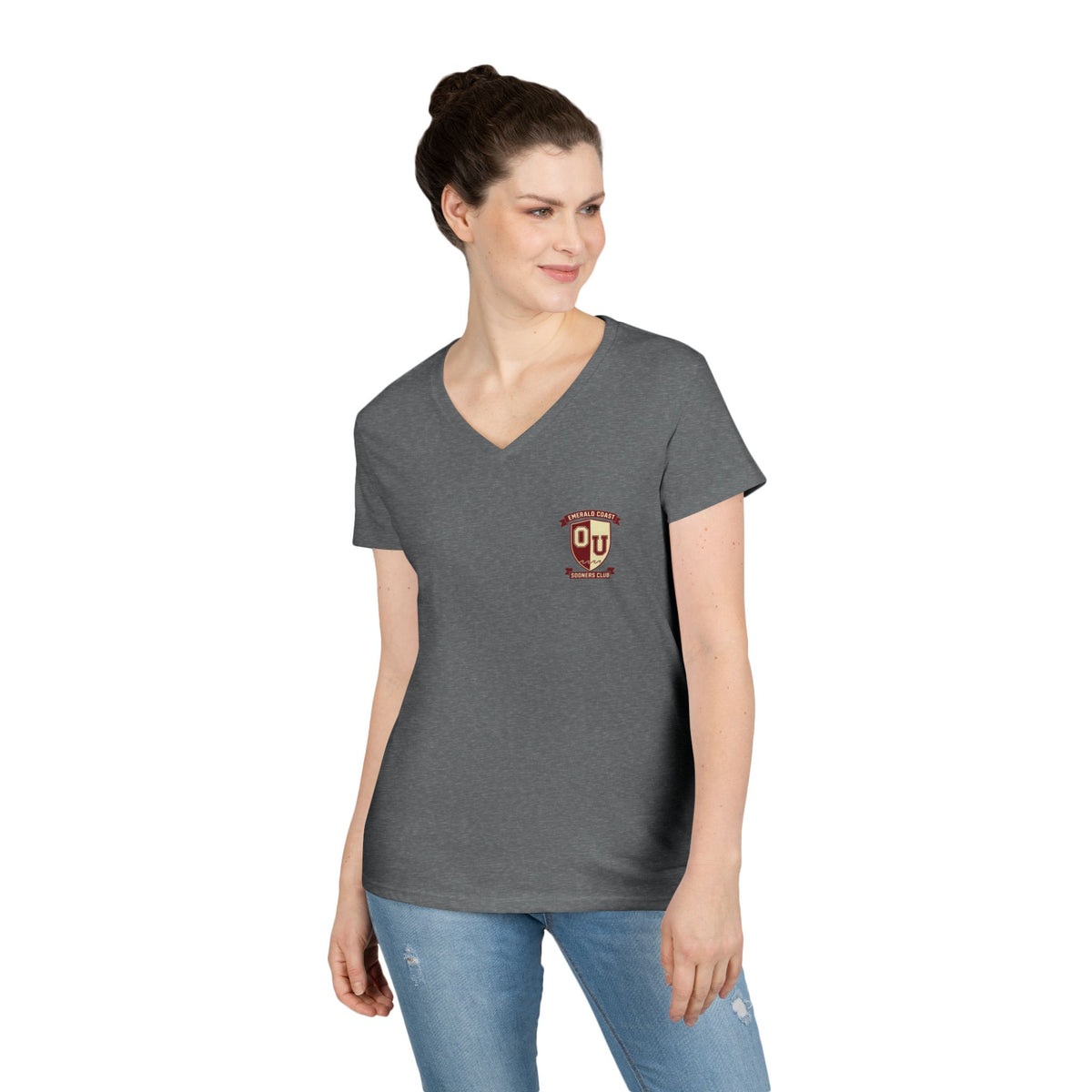 Women’s V-Neck Tee — Retro Seaside Surf Club Graphic (Chest Logo + Back Artwork)