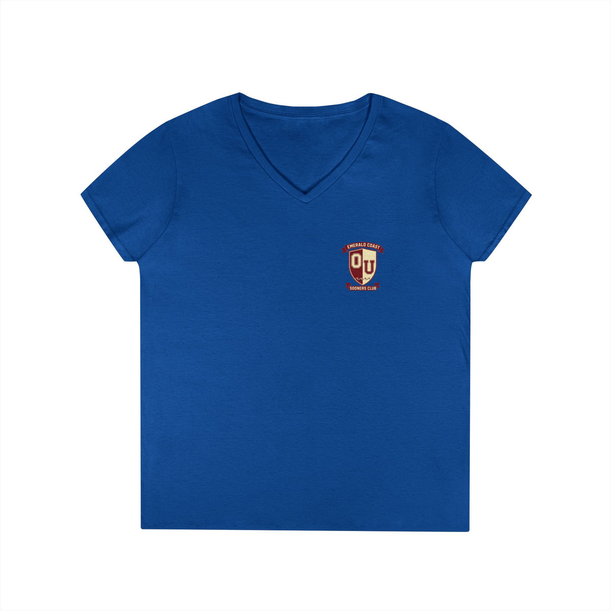 Women’s V-Neck Tee — Retro Seaside Surf Club Graphic (Chest Logo + Back Artwork)