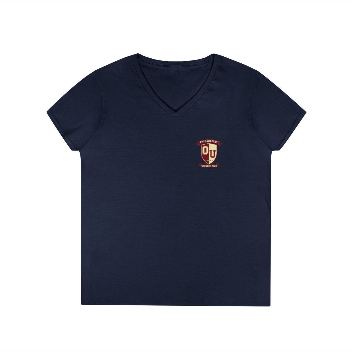 Women’s V-Neck Tee — Retro Seaside Surf Club Graphic (Chest Logo + Back Artwork)