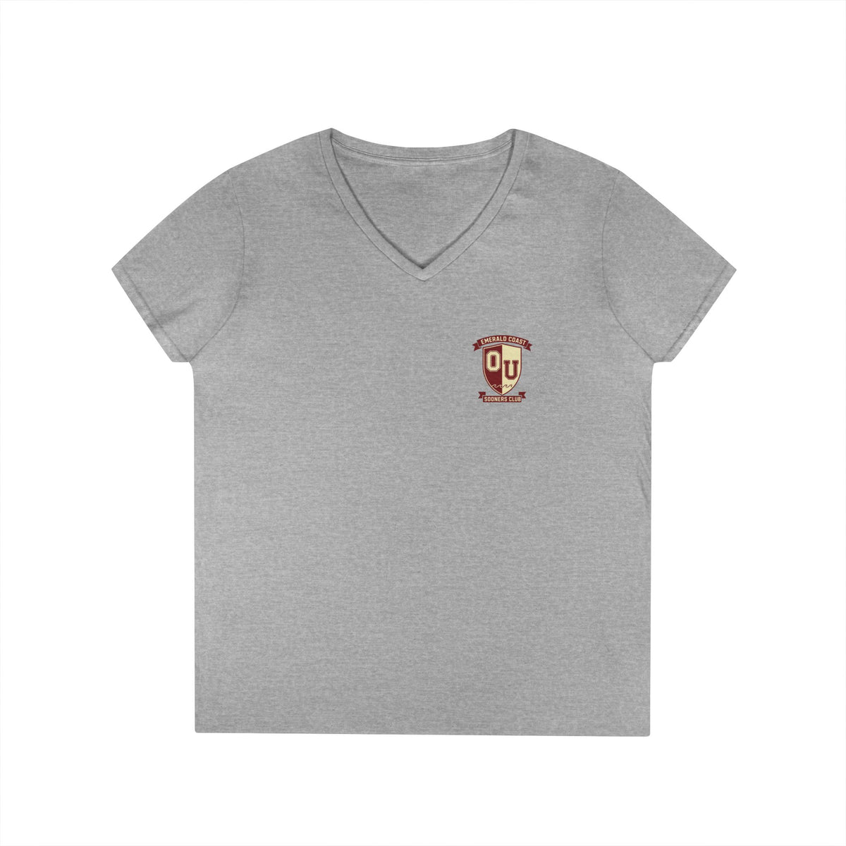 Women’s V-Neck Tee — Retro Seaside Surf Club Graphic (Chest Logo + Back Artwork)
