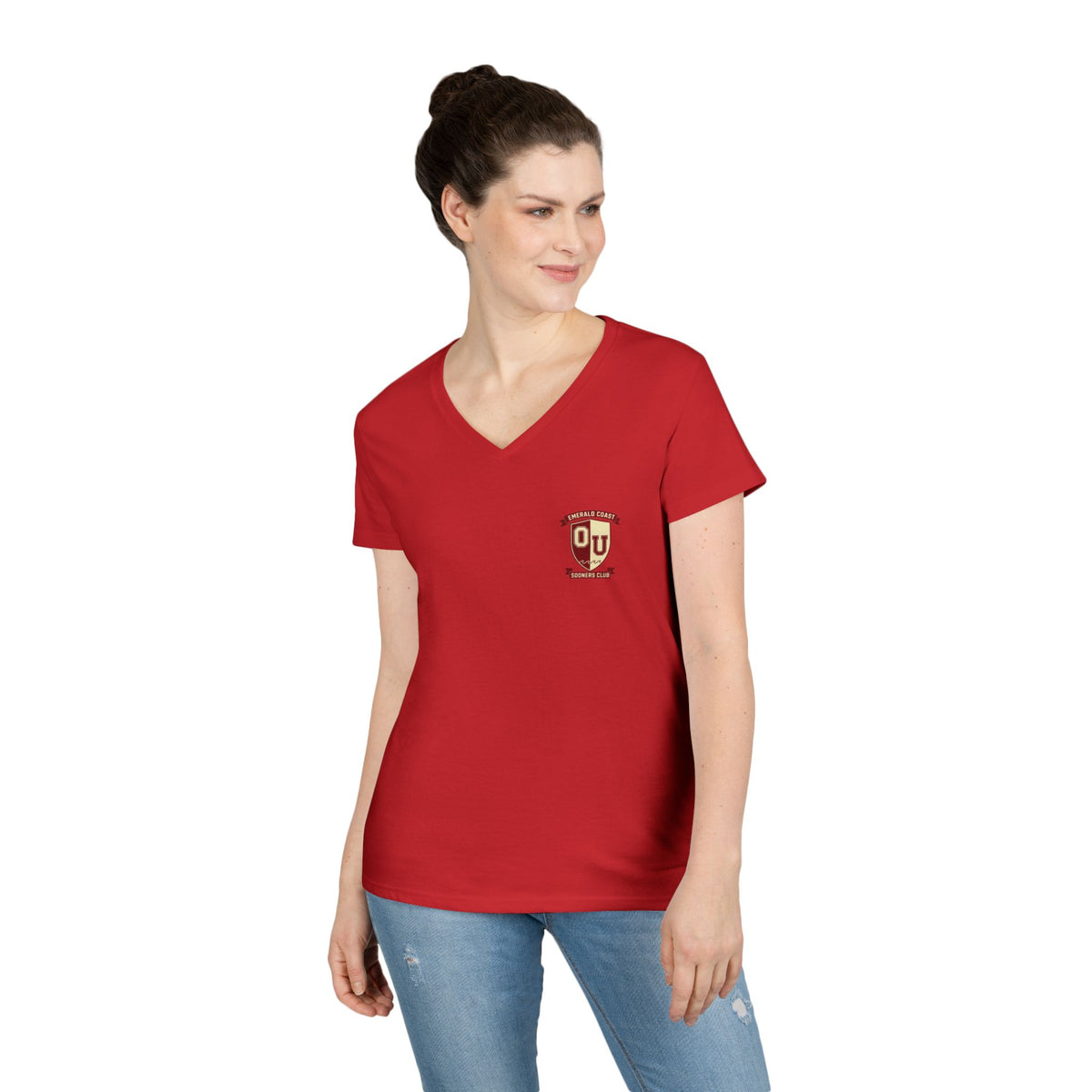Women’s V-Neck Tee — Retro Seaside Surf Club Graphic (Chest Logo + Back Artwork)