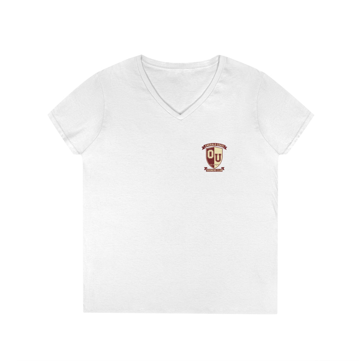 Women’s V-Neck Tee — Retro Seaside Surf Club Graphic (Chest Logo + Back Artwork)