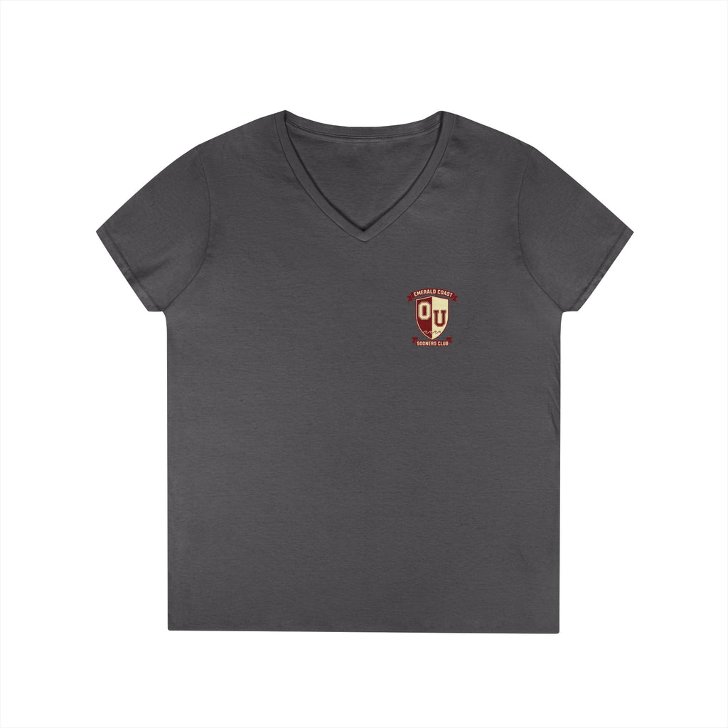 Women’s V-Neck Tee — Retro Seaside Surf Club Graphic (Chest Logo + Back Artwork)