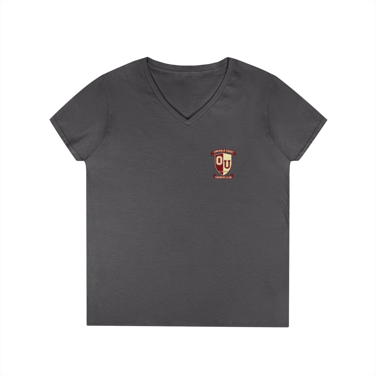Women’s V-Neck Tee — Retro Seaside Surf Club Graphic (Chest Logo + Back Artwork)