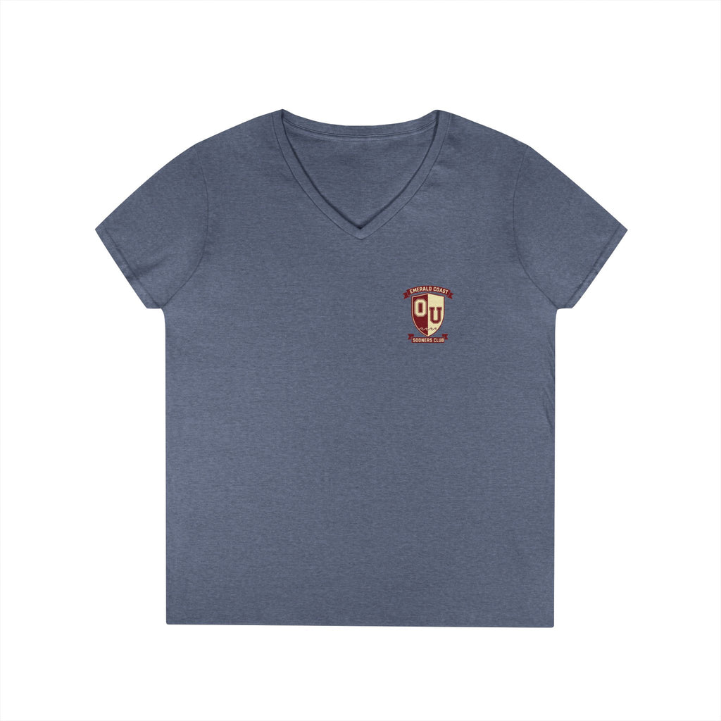 Women’s V-Neck Tee — Retro Seaside Surf Club Graphic (Chest Logo + Back Artwork)