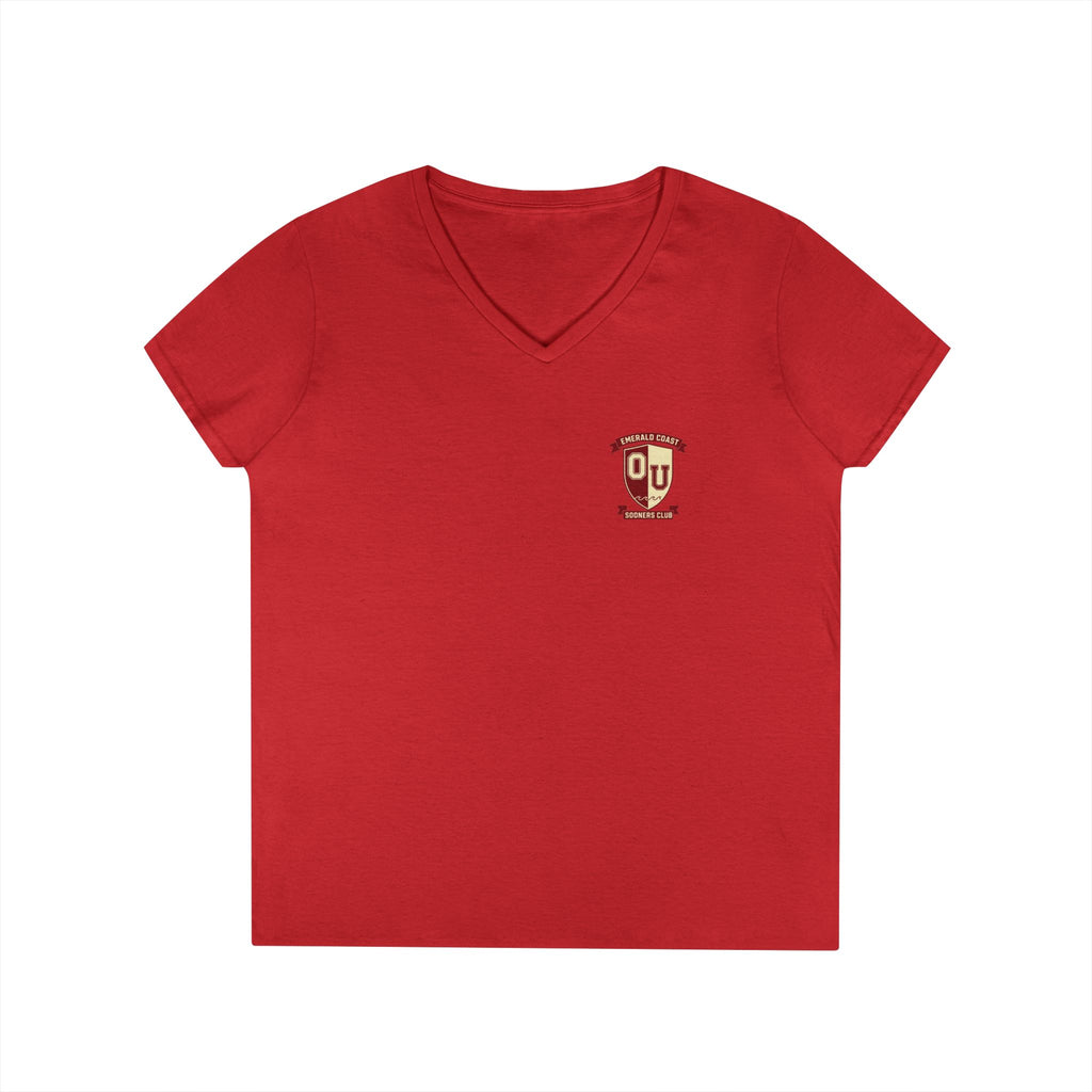 Women’s V-Neck Tee — Retro Seaside Surf Club Graphic (Chest Logo + Back Artwork)