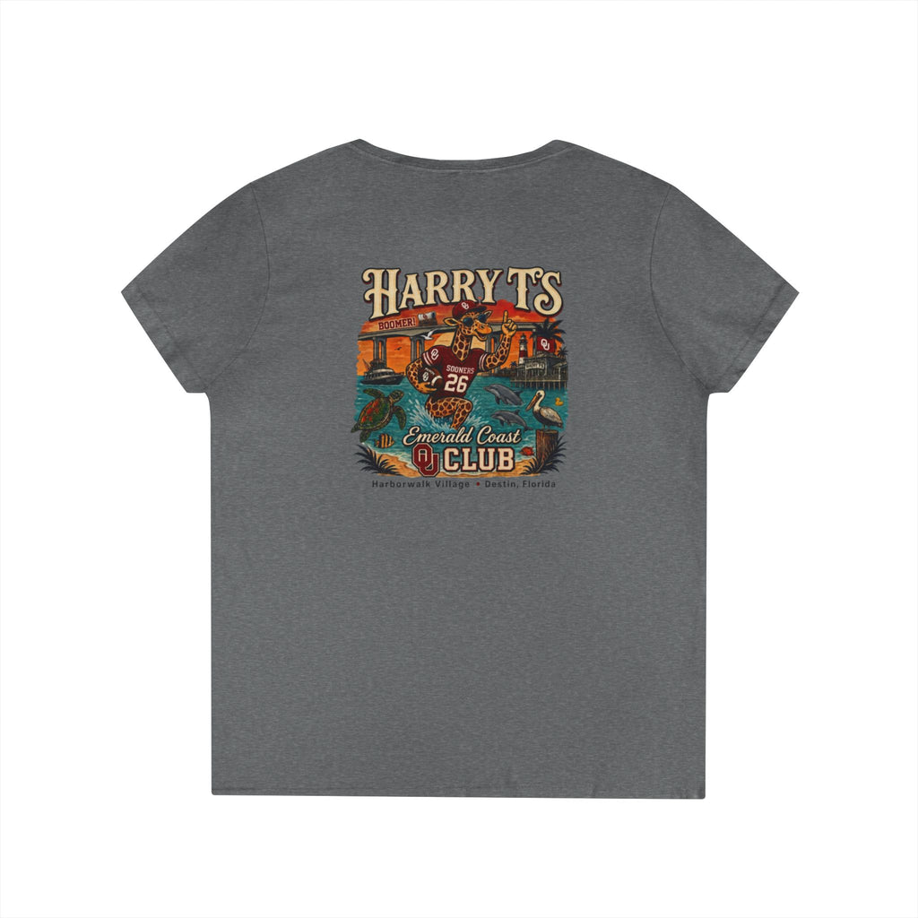 Women’s V-Neck Tee — Retro Seaside Surf Club Graphic (Chest Logo + Back Artwork)