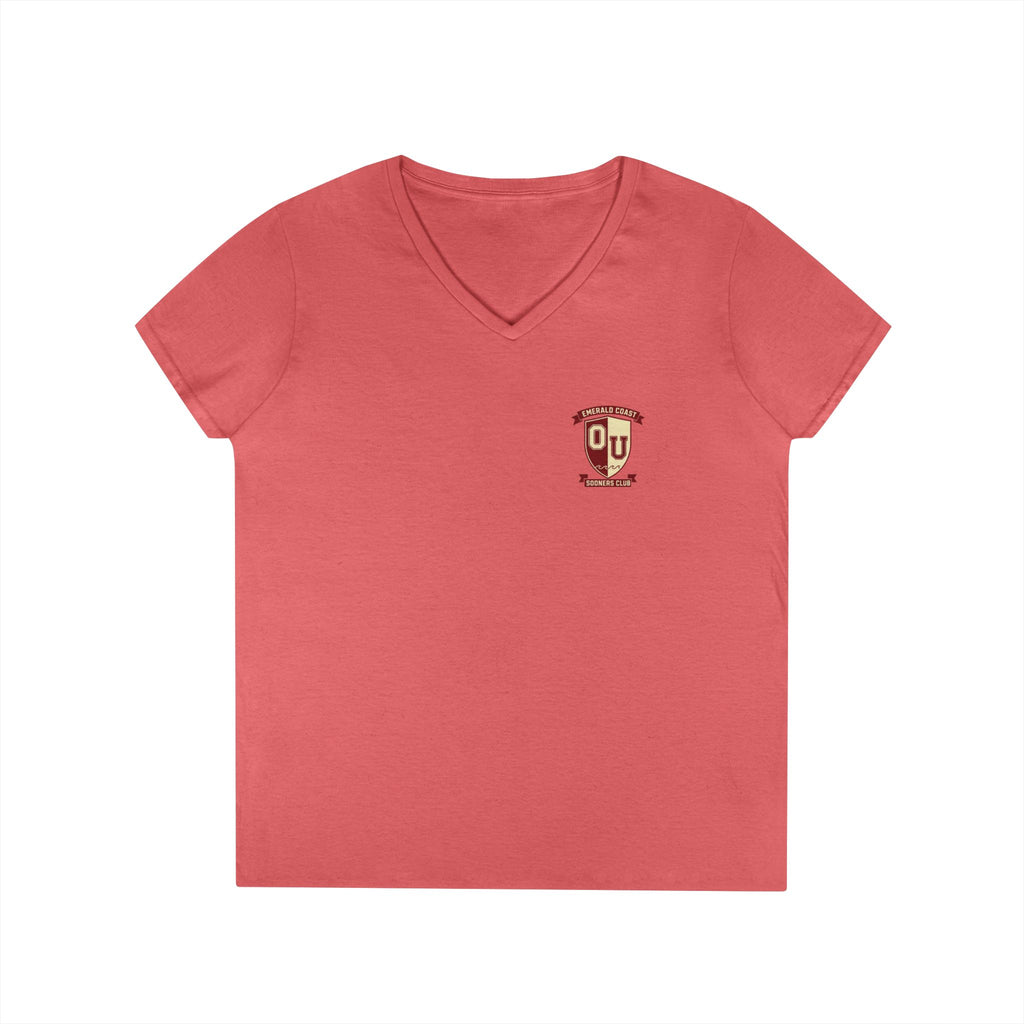 Women’s V-Neck Tee — Retro Seaside Surf Club Graphic (Chest Logo + Back Artwork)