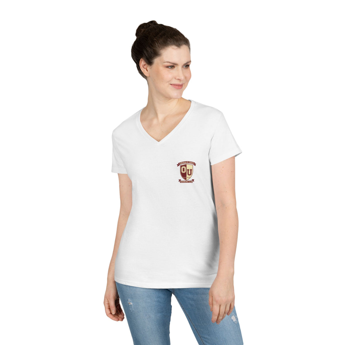 Women’s V-Neck Tee — Retro Seaside Surf Club Graphic (Chest Logo + Back Artwork)