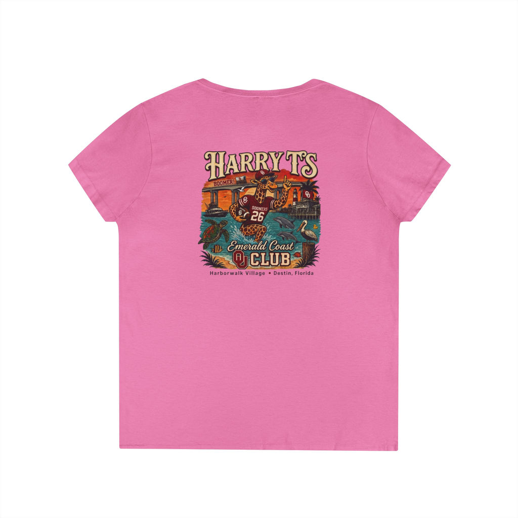 Women’s V-Neck Tee — Retro Seaside Surf Club Graphic (Chest Logo + Back Artwork)