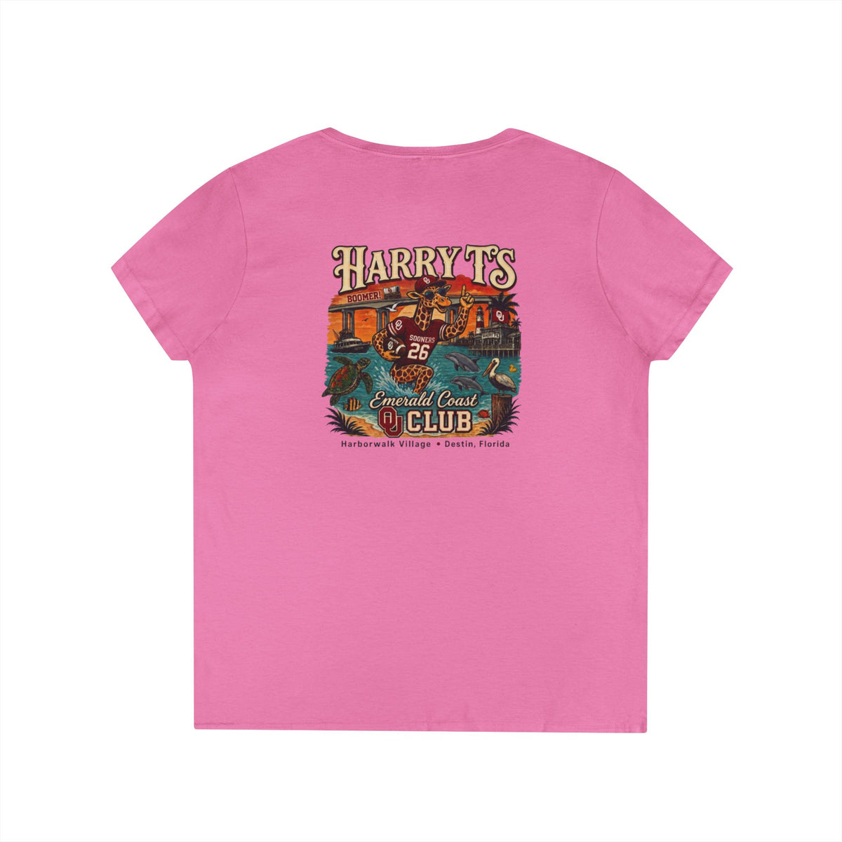 Women’s V-Neck Tee — Retro Seaside Surf Club Graphic (Chest Logo + Back Artwork)