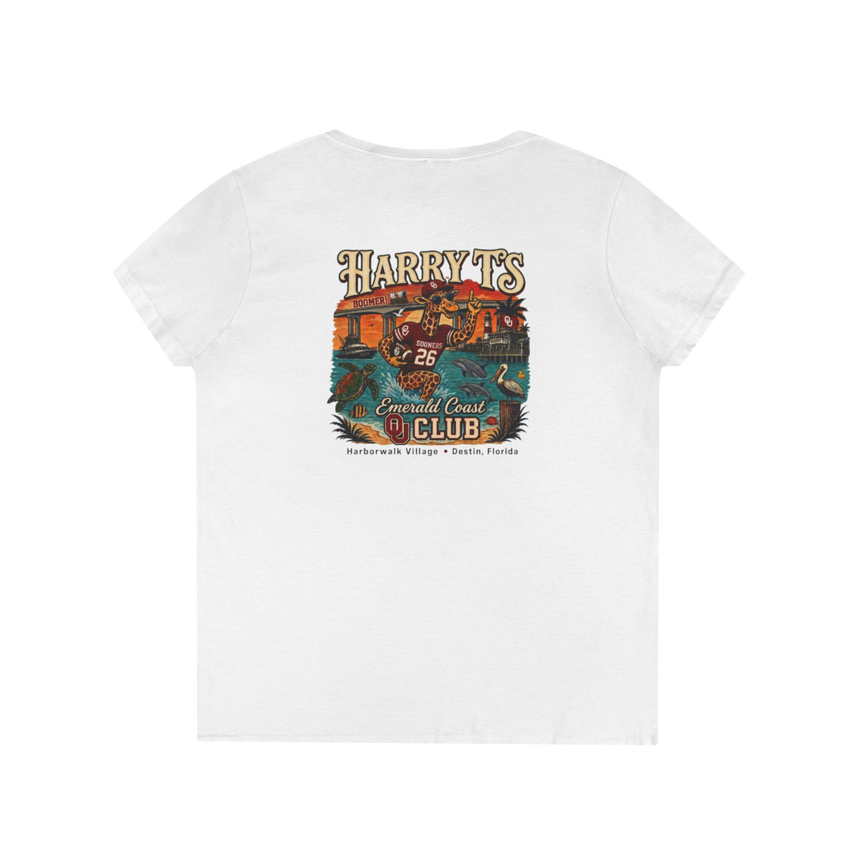 Women’s V-Neck Tee — Retro Seaside Surf Club Graphic (Chest Logo + Back Artwork)