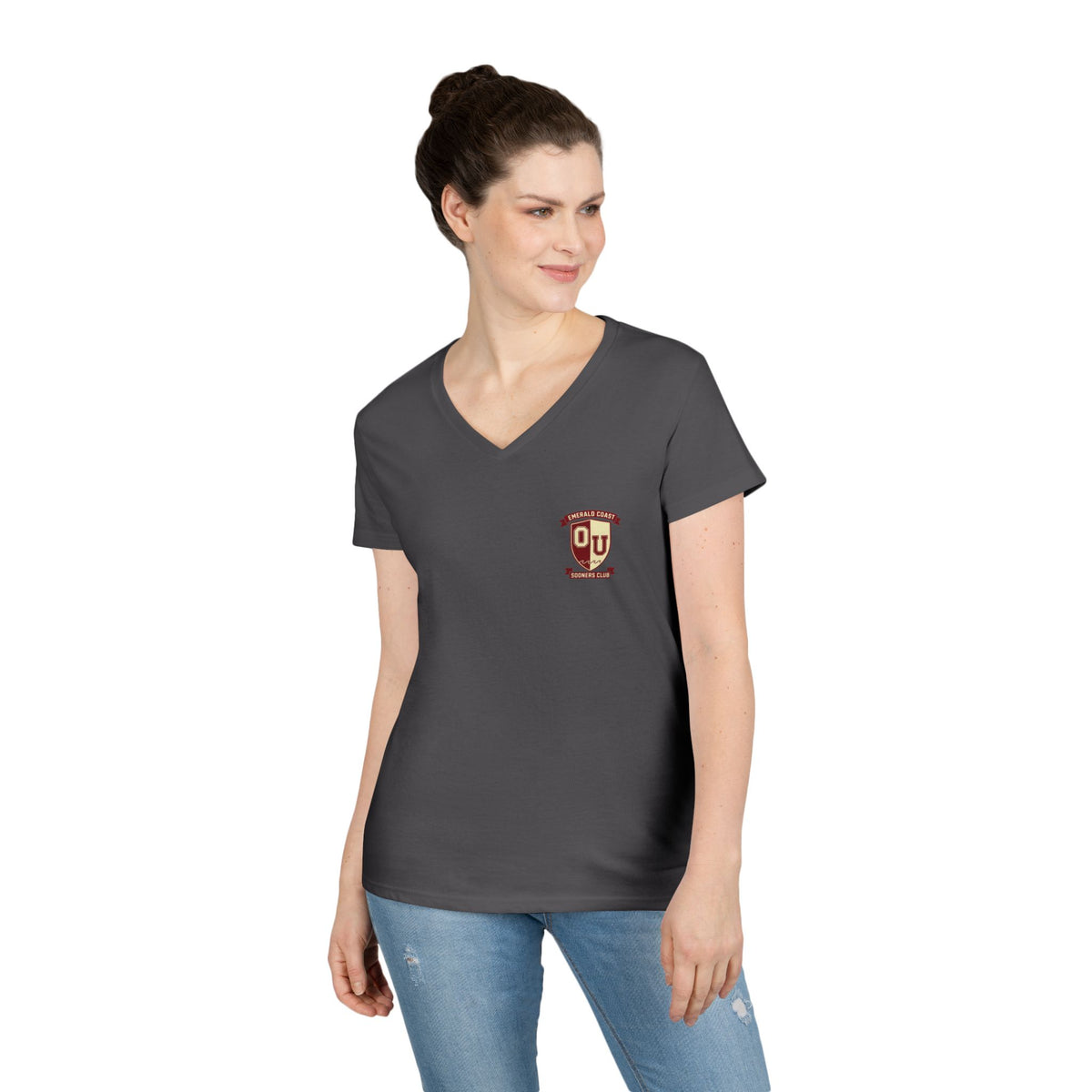Women’s V-Neck Tee — Retro Seaside Surf Club Graphic (Chest Logo + Back Artwork)