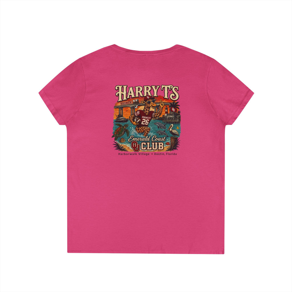 Women’s V-Neck Tee — Retro Seaside Surf Club Graphic (Chest Logo + Back Artwork)
