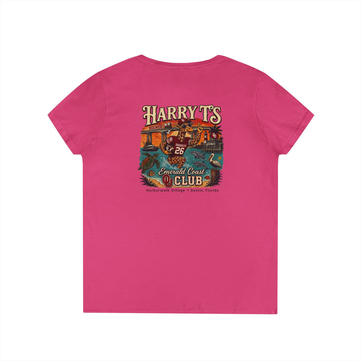 Women’s V-Neck Tee — Retro Seaside Surf Club Graphic (Chest Logo + Back Artwork)