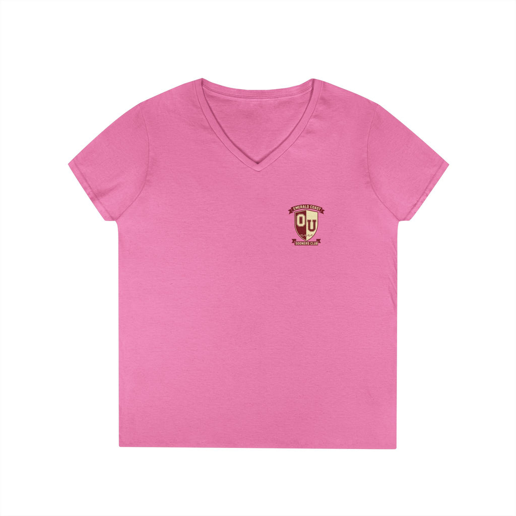 Women’s V-Neck Tee — Retro Seaside Surf Club Graphic (Chest Logo + Back Artwork)