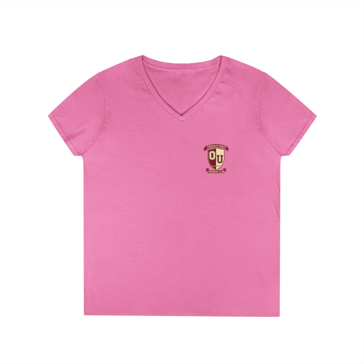 Women’s V-Neck Tee — Retro Seaside Surf Club Graphic (Chest Logo + Back Artwork)