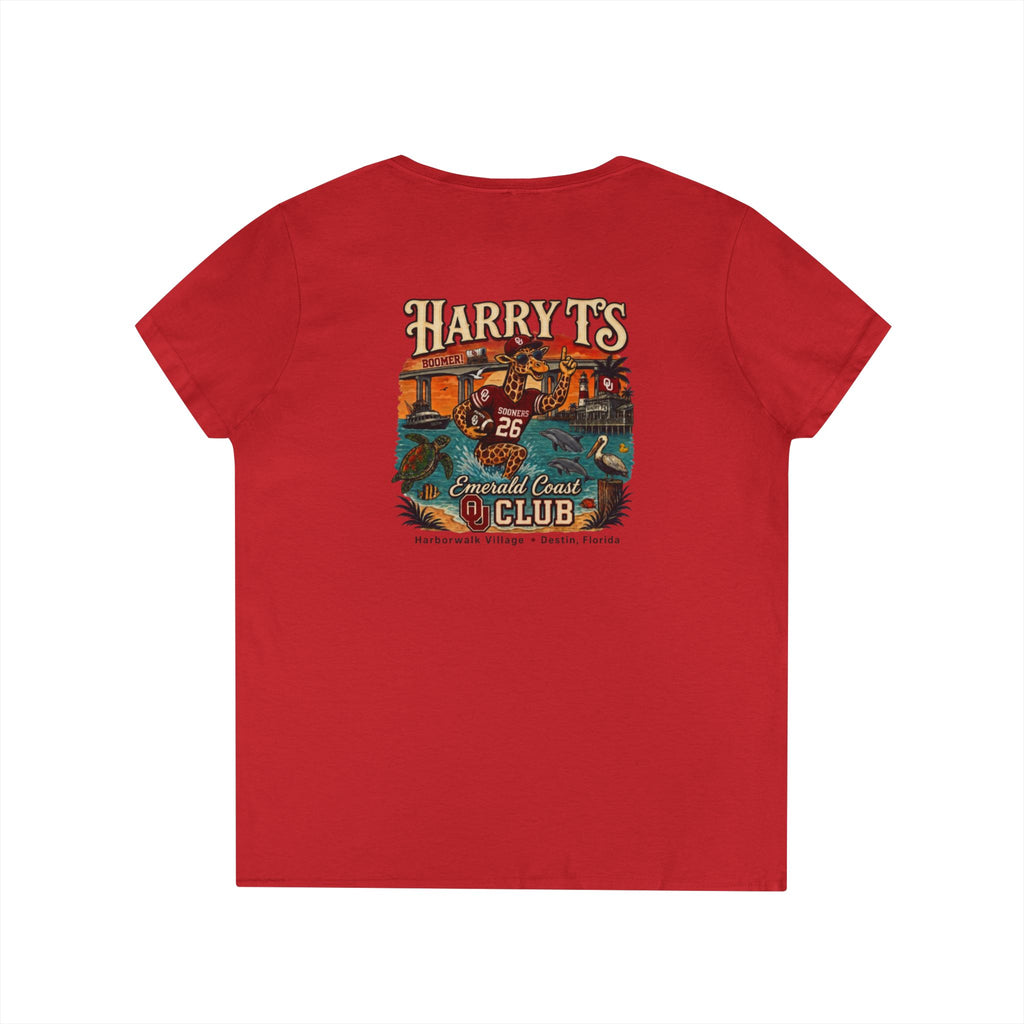 Women’s V-Neck Tee — Retro Seaside Surf Club Graphic (Chest Logo + Back Artwork)