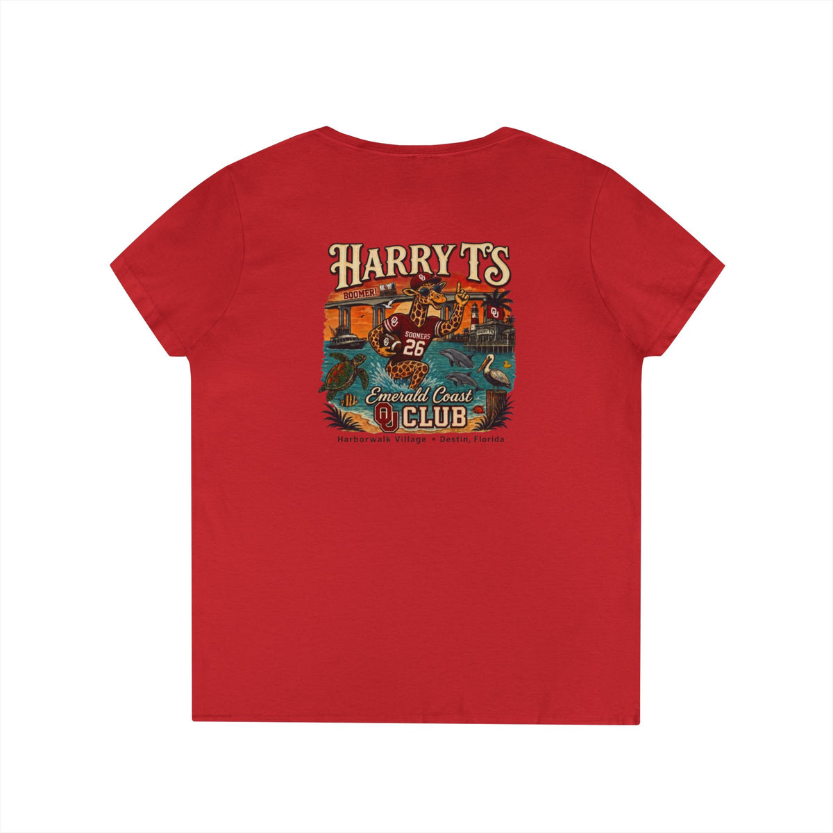 Women’s V-Neck Tee — Retro Seaside Surf Club Graphic (Chest Logo + Back Artwork)