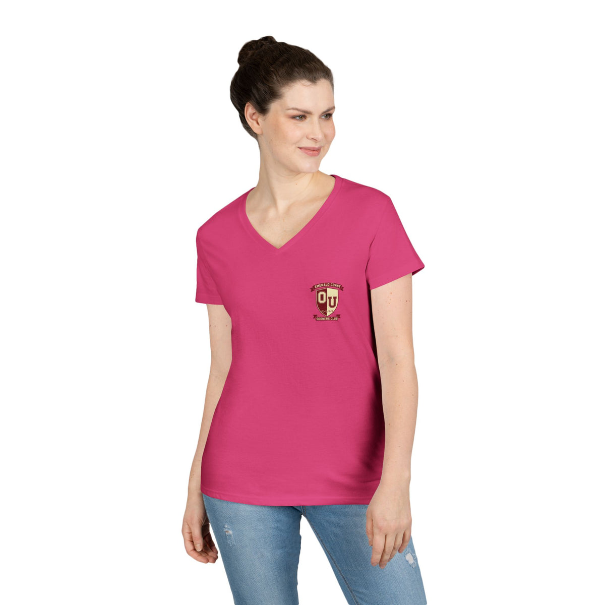 Women’s V-Neck Tee — Retro Seaside Surf Club Graphic (Chest Logo + Back Artwork)